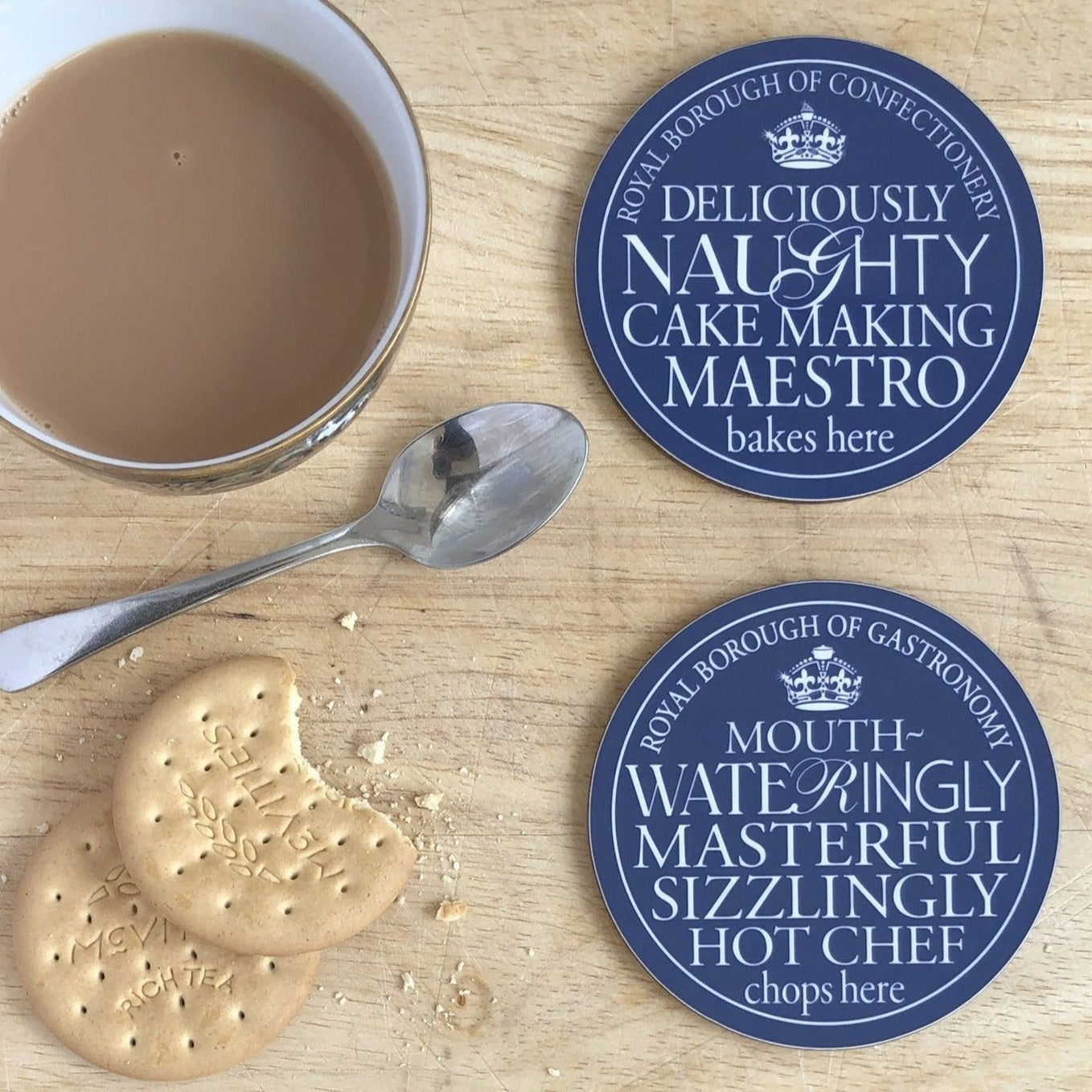 Hot Chef & Naughty Cake-Maker Blue Plaque Coasters