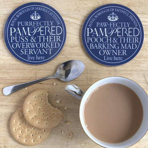 Barking Mad Owner & Pampered Puss Blue Plaque Coasters