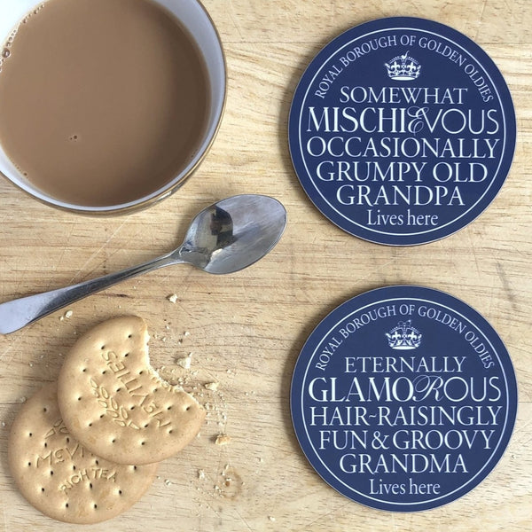 Glamorous Grandma & Grumpy Grandpa Blue Plaque Coasters